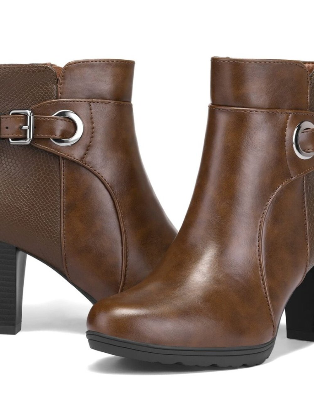 Women's Chunky Stacked Heel Ankle Boots Zipper Buckle Booties